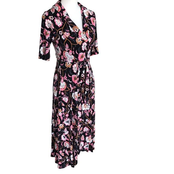 Boden Classic Short Sleeve Colorful Office Knit Jersey Floral Midi Wrap Dress 4P - Picture 4 of 11